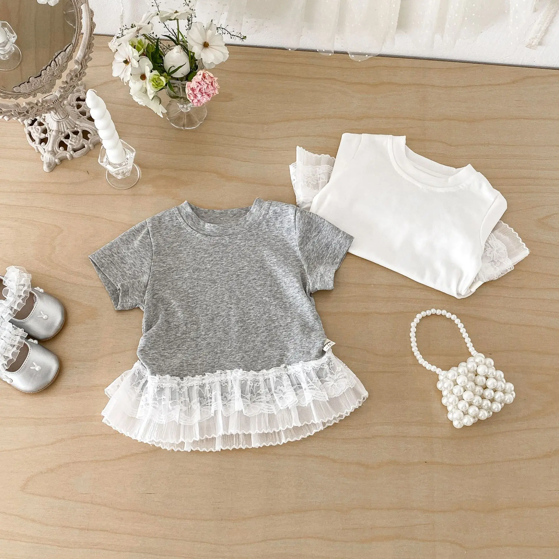 2026 Summer New Girls Short Sleeve T Shirts Solid Cute Baby Girl Sweet Lace Splicing Tops Cotton Infant Toddler Clothes