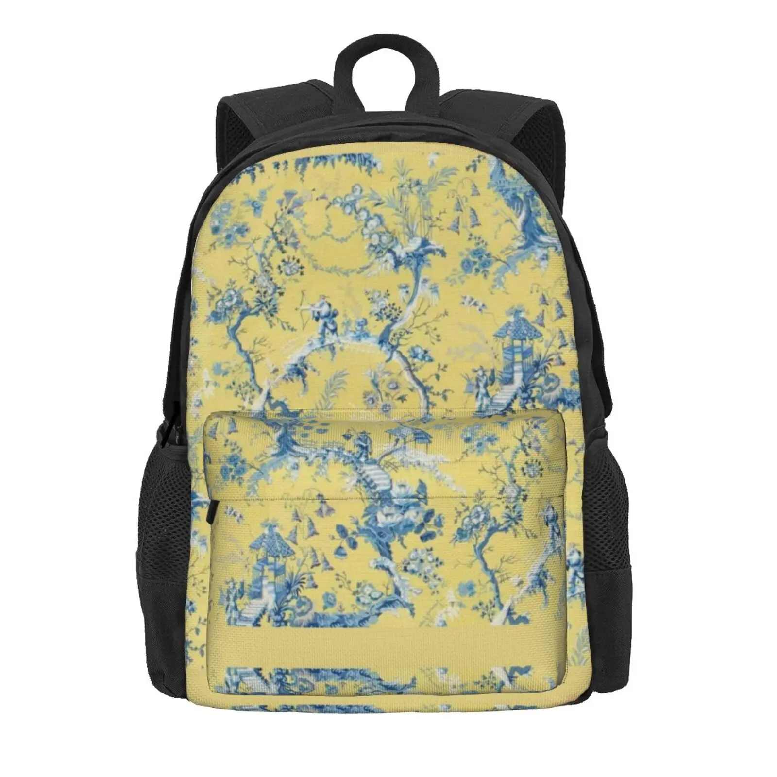 Blue And Yellow Toile Hot Sale Schoolbag Backpack Fashion Bags Chinoiserie Scenic Vintage Antique Yellow Pattern Village Trees