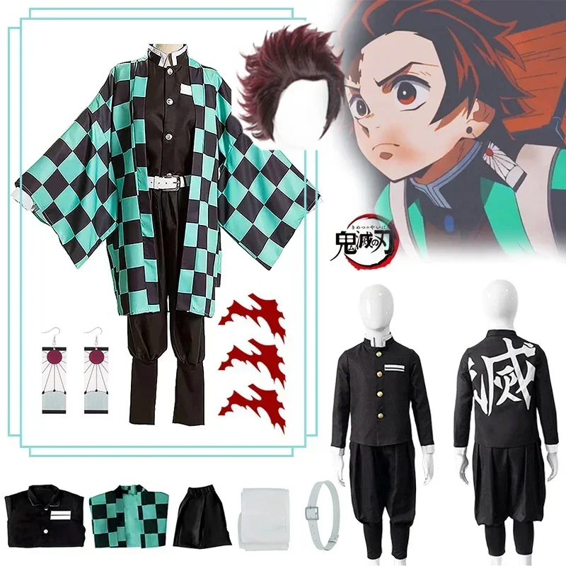 Tanjiro Cosplay Anime Demon Slayer Tanjirou Kamado disfraz Kimetsu No Yaiba Kimono pendientes tatuaje pegatinas para adultos y niños