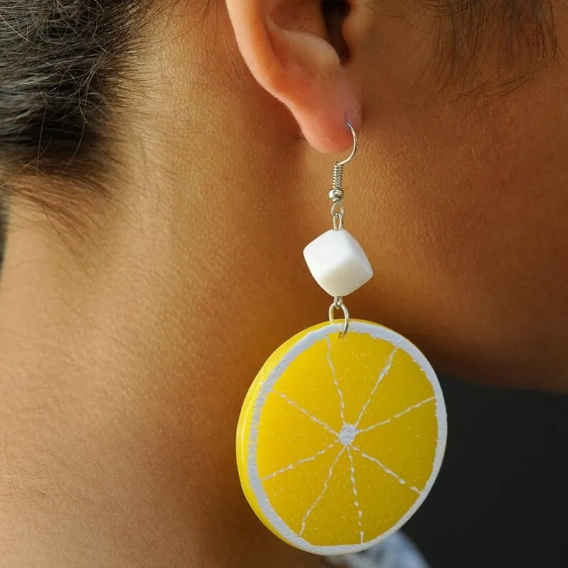 Simple Yellow Green Lemon Sliced Hook Earrings Creative Sour Fruit Round Lime Pendant Handmade Bohemian Jewelry Eardrop Ornament