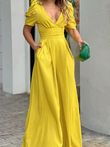 Imagen 2 del producto Vestido plisado de cintura alta para mujer, Color sólido, manga corta, cuello en V, para uso diario, oficina, elegante, estilo para ir al trabajo, vestido de verano