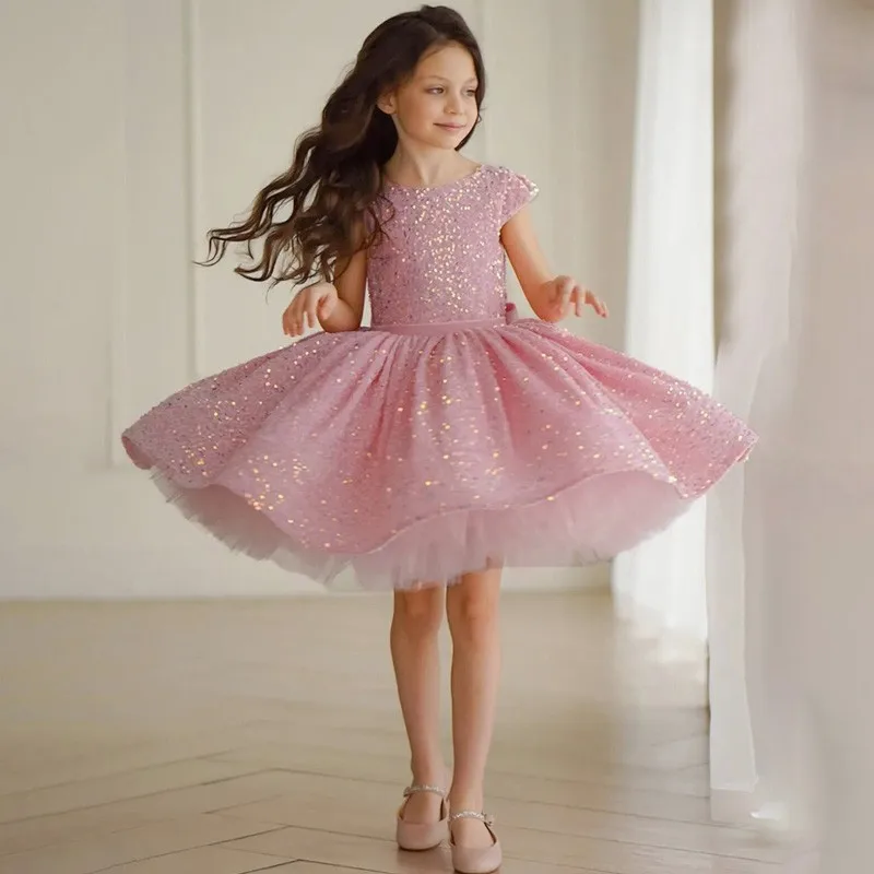 Vestidos de niña de flores rosas para bodas, lentejuelas hinchadas, brillantes, fiesta de noche, graduación, primera comunión, desfile, Princesa, vestidos de baile para niños