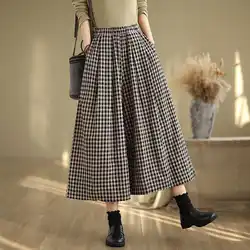 716 Spring Summer Elegant Vintage Style Plaid Pants For Women Elastic High Waist Loose Casual Wide Leg Female Trouser Clothing