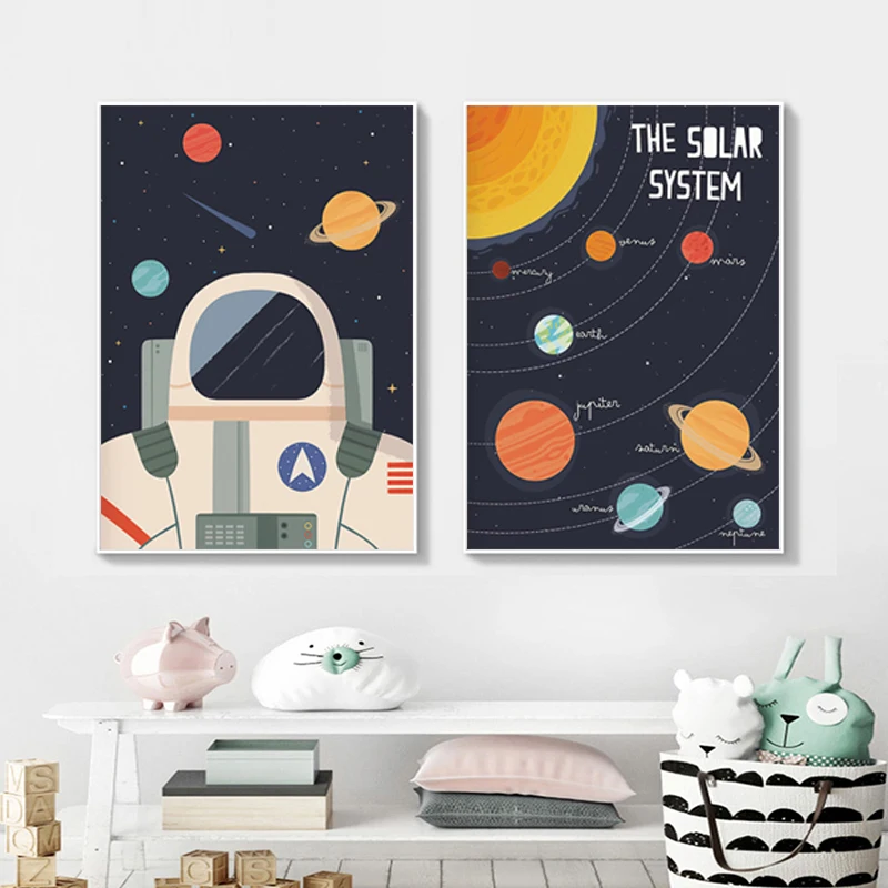 Astronaut Planet Space Rocket Solar System Children\'s Room Canvas Painting Wall Art Print Poster Nordic Nursery Decor Picture