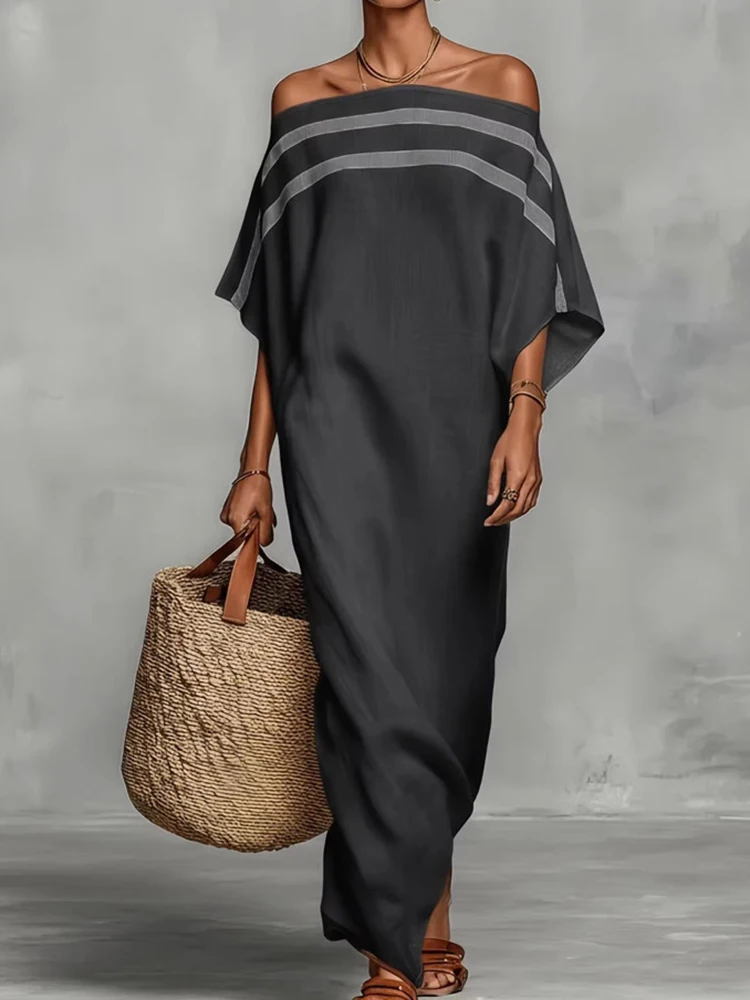 2026 Beach Style Half Sleeve Maxi Dress, Women Spring Summer Slash Neck Simple Party Dress, Solid Patchwork Chic Ladies Dresses