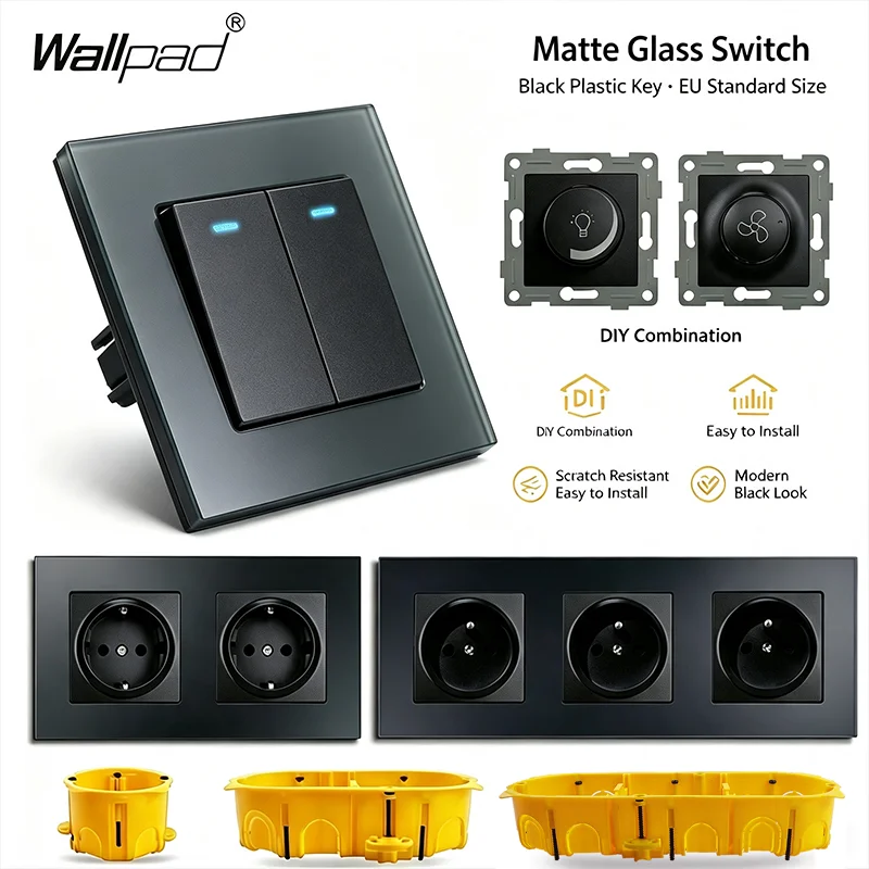 Matte Glass French EU Standard Switch, 1 2 Gang LED On Off Switch, Wallpad Rotary Fan Dimmer Momentary Reset Wall Power Switch