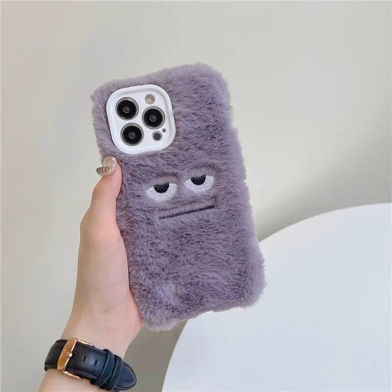 Korean Cute Cartoon Purple Monster Winter Fur Phone Case For iPhone 15 14 13 12 11 Pro Max Warm Plush Protective Soft Back Cover