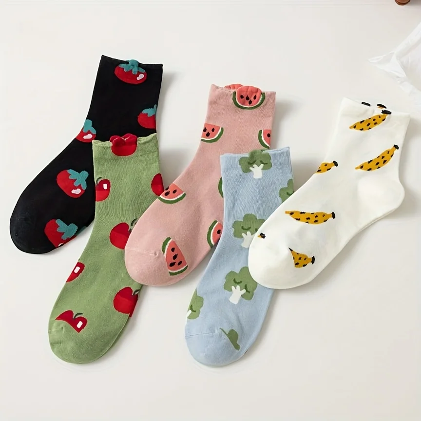 5 Pairs of Autumn and Winter Cute Fruit and Vegetable Pattern Socks, Multi-Color Casual Breathable Mid-Calf Socks, Long Socks and Socks for Girls