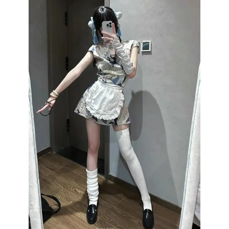 Set Chinese cook Lolita Japanese Lolita maid apron clothing new Chinese waist cheongsam dress two-piece set 2024