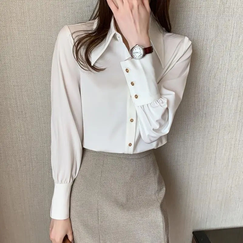 White Shirt Tops Spring Autumn New Long Sleeve Polo Neck Solid Color Loose Basic All-match Blouse Office Fashion Women Clothing