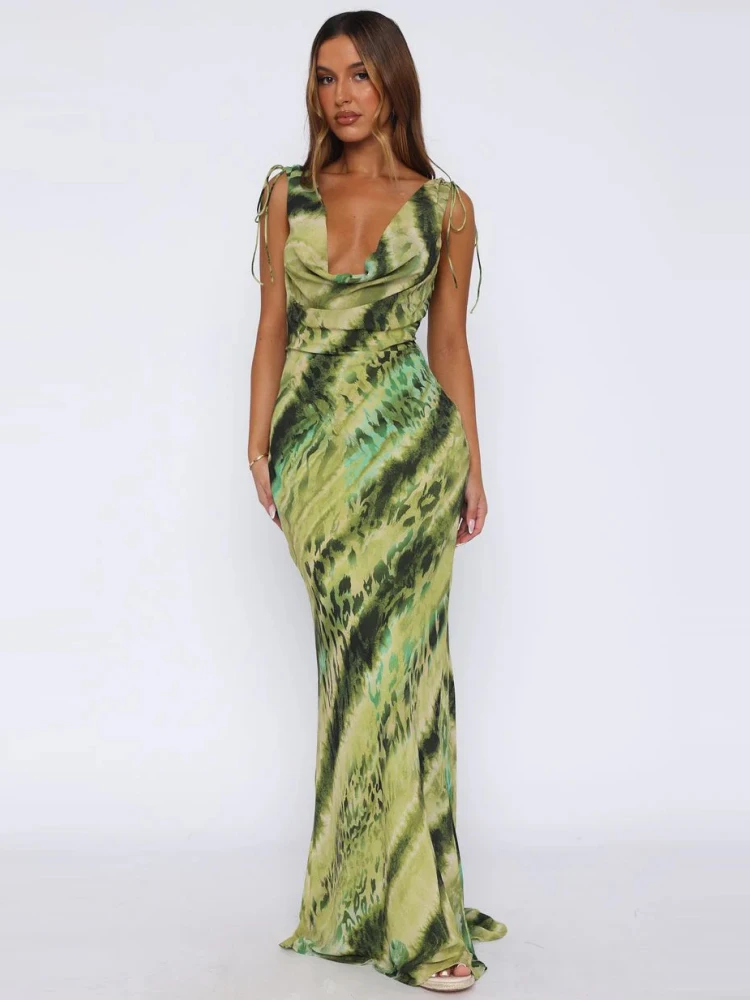Sexy Swingende Hals Lace-up Tie-dye Lange Jurk Vrouwen Groen Gedrukt Mouwloos Backless Slanke Jurken Party Cocktail Avondjurken
