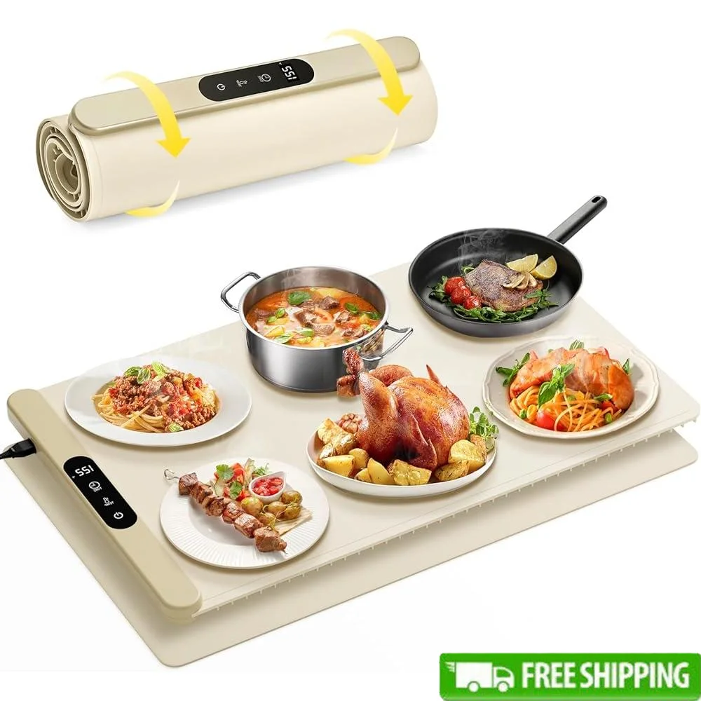 Graphene Electric Warming Tray Rapid Heating 8s 6 Temperature Settings 6 Hours Timer Food Heating Mat Portable Easy Clean