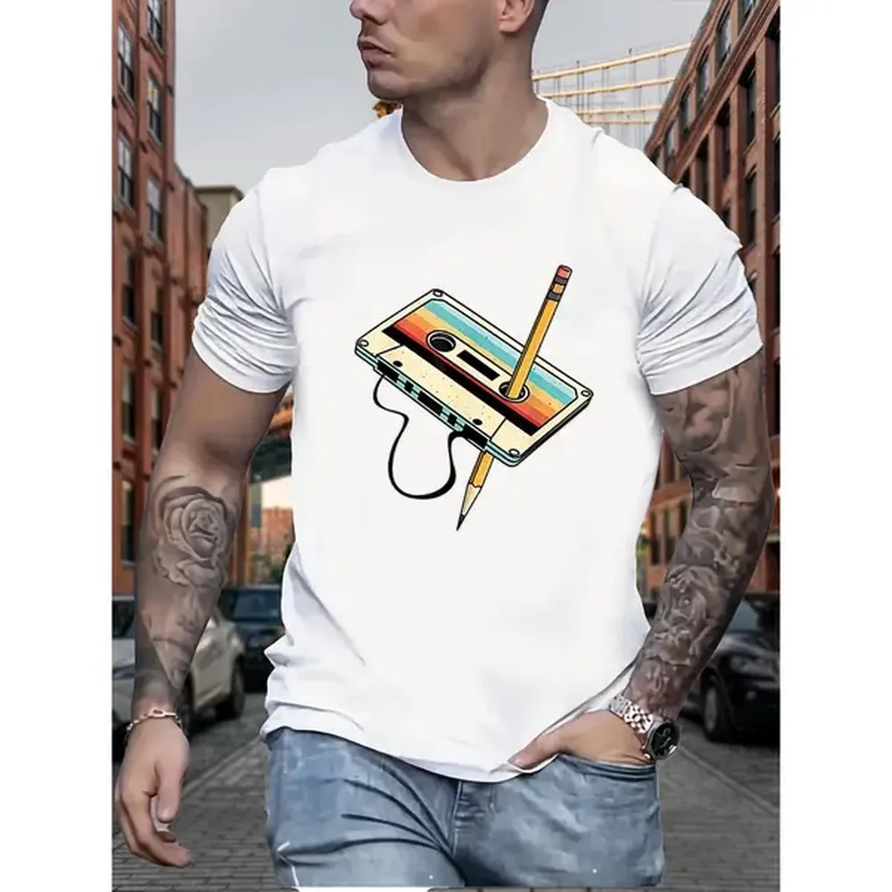 Cotton Short Sleeve T-Shirt Men's Retro Cassette Print T-Shirt - Casual Crew Neck, Polyester-Elastane Blend, Slight Stretch, Summer Knit Fabric