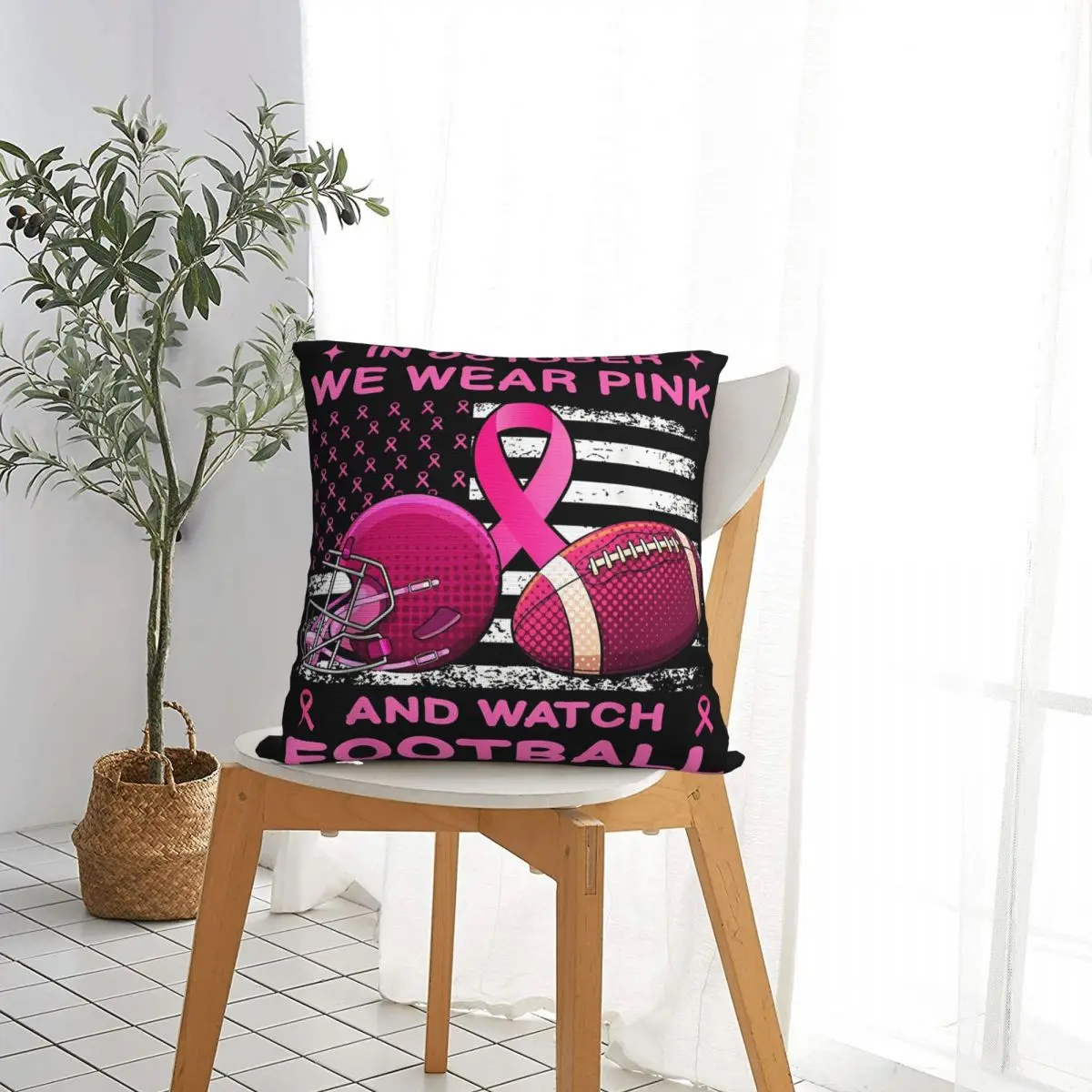 In October We Wear Pink Breast Cancer Flag Football Pillow Case Cushion Covers  Decorative Throw Pillow Case Cover for Bed