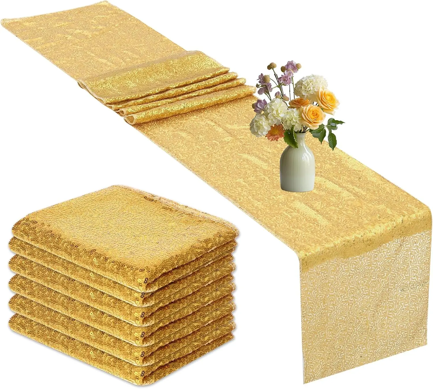 

2PCS Gold Sequin Table Runner Glitter Runners Solid Color Hotel Wedding Polyester Beaded Birthday Party Holiday Table Decor