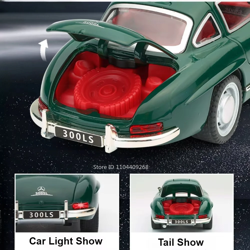 1:32 escala 300sl gt63 modelo de carro portas de brinquedo aberto som luz puxar para trás diecast metal veículos modelos coleção presentes do miúdo