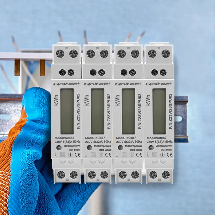 Qoltec enkelfasige elektronische meter | Energiemeter voor DIN-rail | 230V | 32A | LCD | 1P | Slim