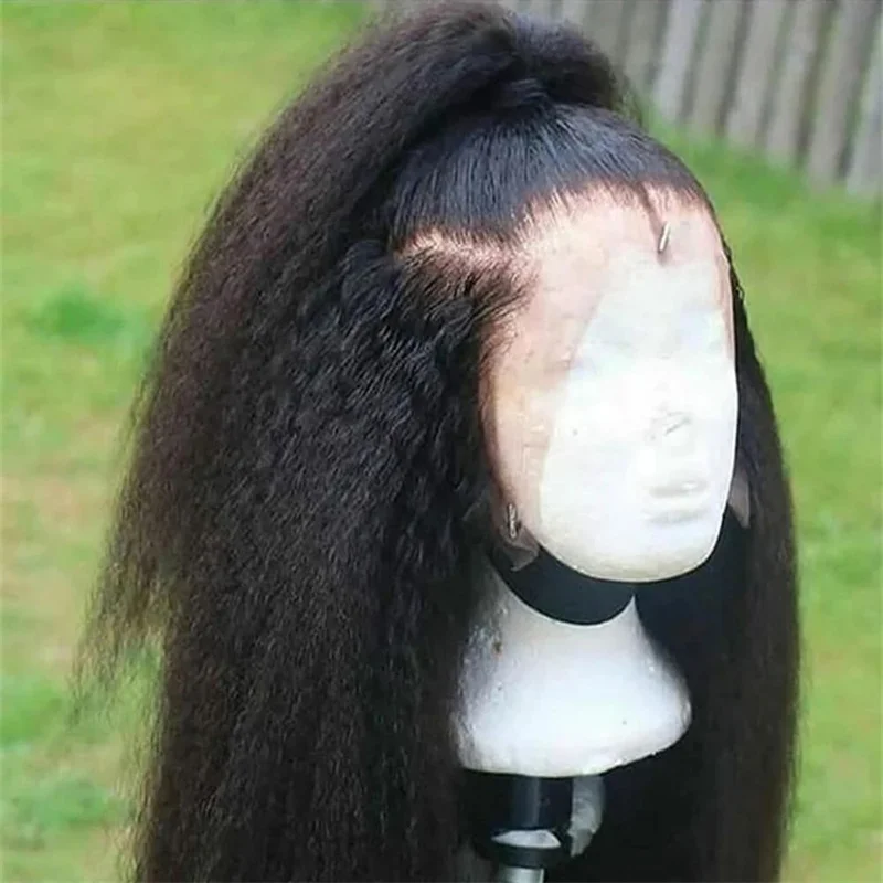 Yaki Soft 26Inch Kinky Straight Long Black Natural Hairline 180Density Lace Front Wig For Women Glueless Baby Hair Preplucked