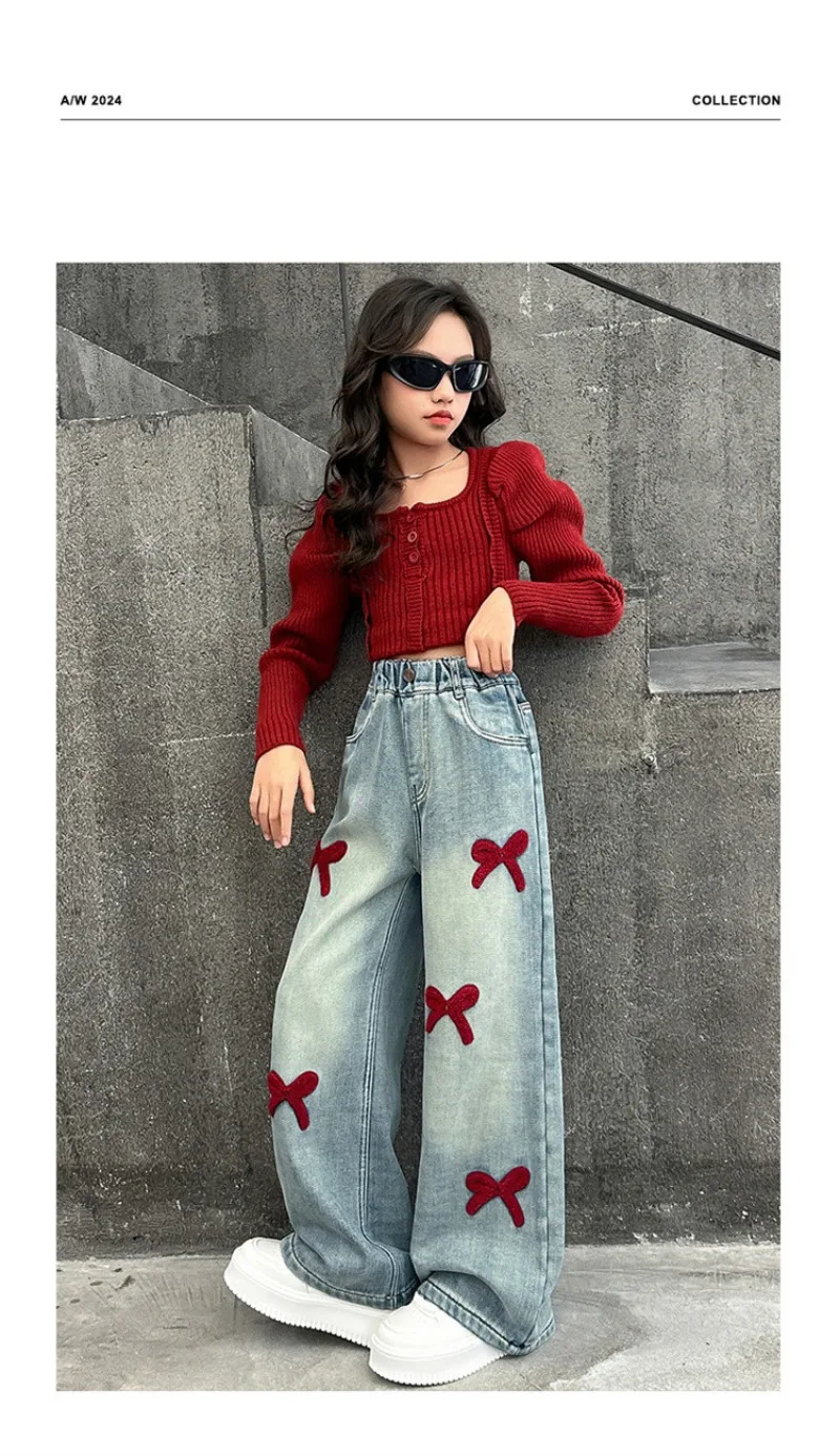 Winter-Jeans aus Lammfell für Mädchen, 4-14 Jahre, Teenager-Mädchen, Jeanshose mit integrierter Schleife und Fleece, lockere Herbst-Jeanshose für junge Mädchen – Detail 8