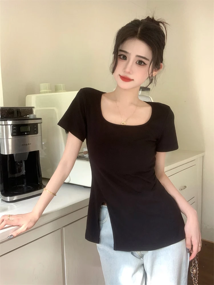 Cseta fena slim fit manga curta com decote em u, moda verão, fenda aberta, doce e picante, top pequ, estilo coreano...