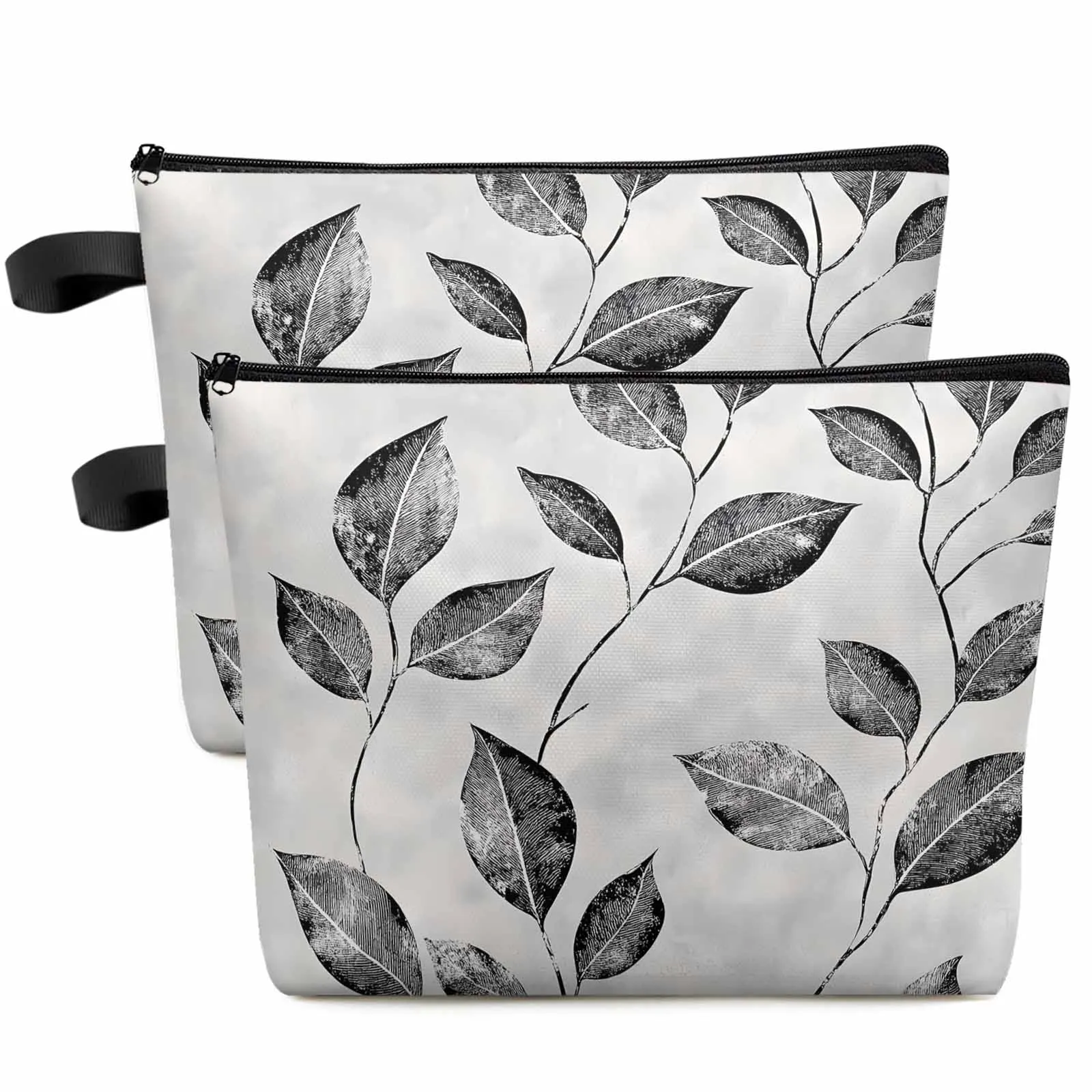 

Vintage Grey Overlay Leaves Large Capacity Travel Cosmetic Bag Portable Makeup Storage Pouch Women Waterproof Pencil Case