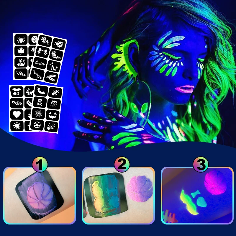 6pcs Set of 4pcs 10ml UV Glow Face & Body Paint,4 Stencil Stickers with Brush,Vibrant Glow Under Light Fluorescent Face Painting