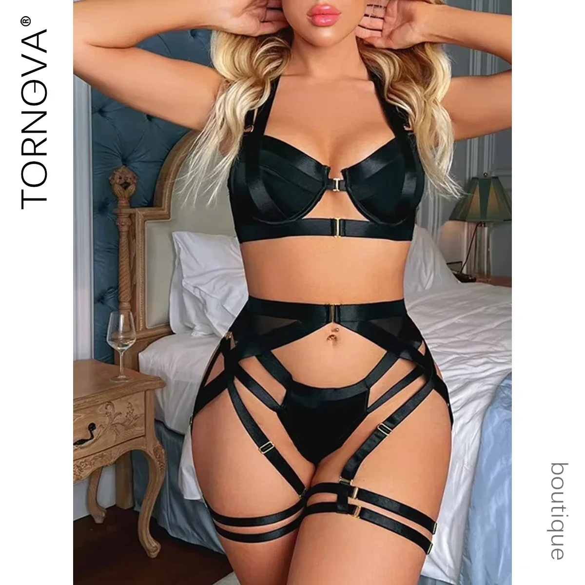 

Tornova Strap Cross Sexy Lingerie Body Shaping Separates Set Women Solid Color Sexy Hollow Out Underwear Metal Sheet Bra Set New