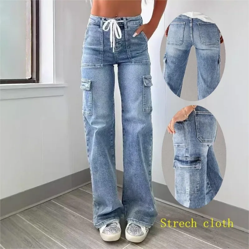 Women New Light Blue Multi Pocket Cargo Micro Flare Denim Jeans Casual Long Trousers for Daily Wear