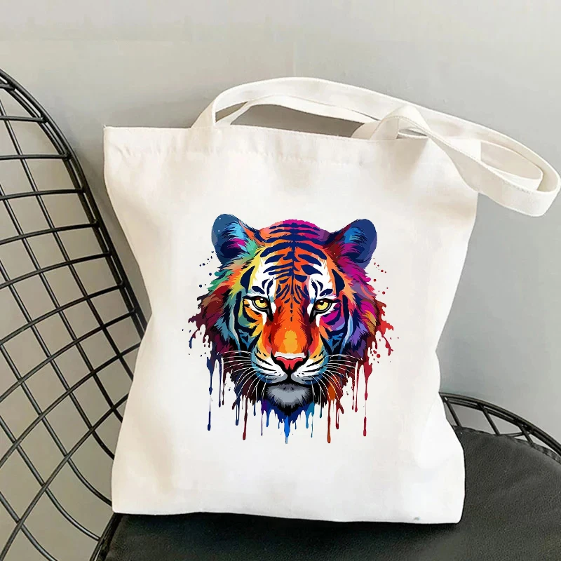 Animal Pintado Canvas Tote Bag, Dinossauro Tigre Impresso, Grande Capacidade Sacos De Ombro, Supermercado Saco De Compras, Organizador De Viagem, Novo