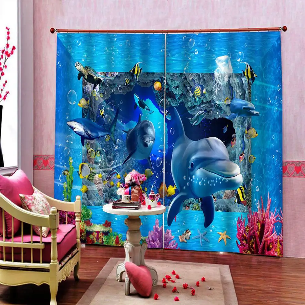 Blue ocean underwater dolphin curtain for bedroom living room Decoration curtains