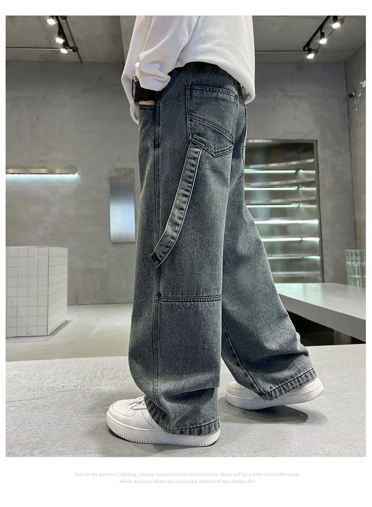 Graue Vintage-Jeans mit Tasche für Jungen, modische High-Street-Denim-Hose, lässige gerade Jeanshose für Teenager. – Detail 7