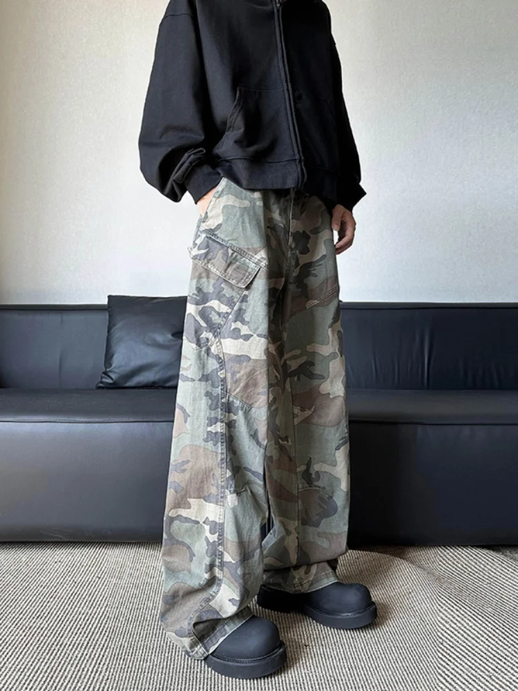 

Мужские камуфляжные рабочие брюки прямого кроя, свободные, с широкими штанинами, осенняя новинка, американский ретро-стиль, уличные модные брюки с драпировкой, длинные, трендовые