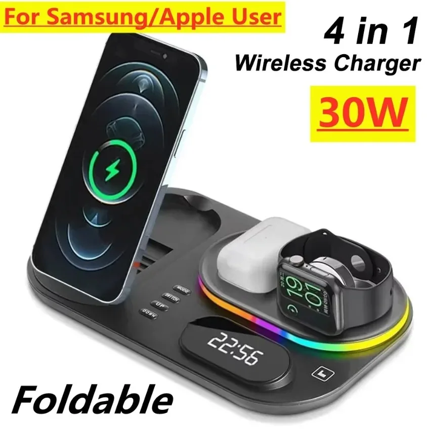 Hot Sale 5 in 1 Wireless Charging Station 15W Fast Charging Alarm Clock LED Light for iPhone Apple Watch AirPods Desktop