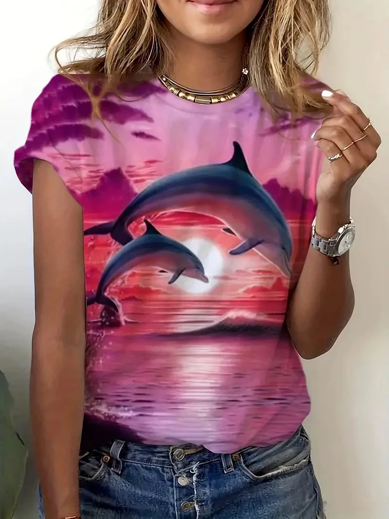 New Trendy 3D Printing Dolphin Graphic T-shirt Men Women Loose Casual Round Neck Short-sleeved T-shirt Summer Oversize Y2k Tees