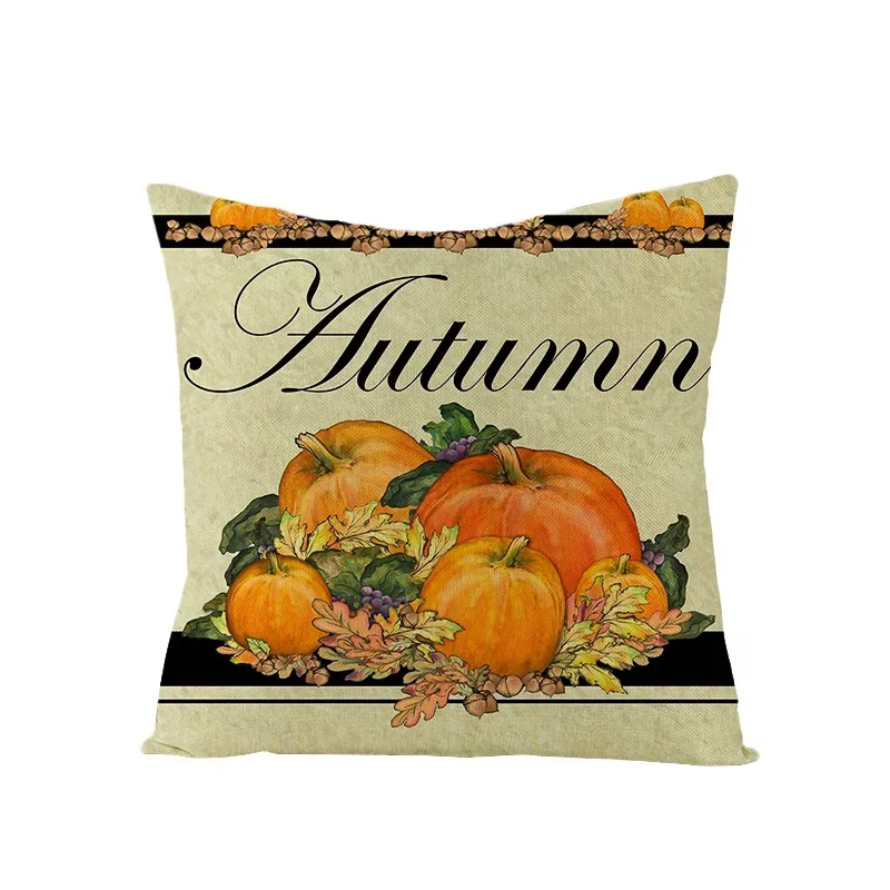 Autumn Throw Pillow Covers Thanksgiving Day Decorative Pumpkin Cushion Cover 18x18 Inches Fall Harvest Printed Linen Pillowcase