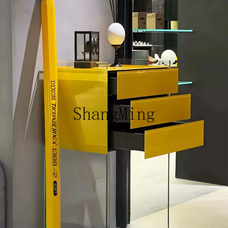 FG  good-looking minimalist glass entrance cabinet, narrow side of the entrance door against the wall, living room side cabinet