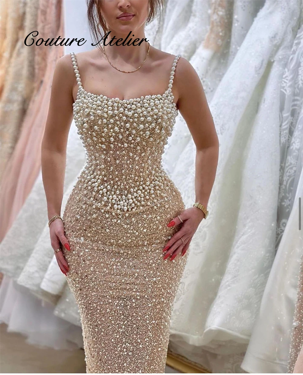 

Charming Champagne Spaghetti Evening Dresses Luxury Beads Pearls Mermaid Dubai Wedding Recption Gowns robes de soirée Customized