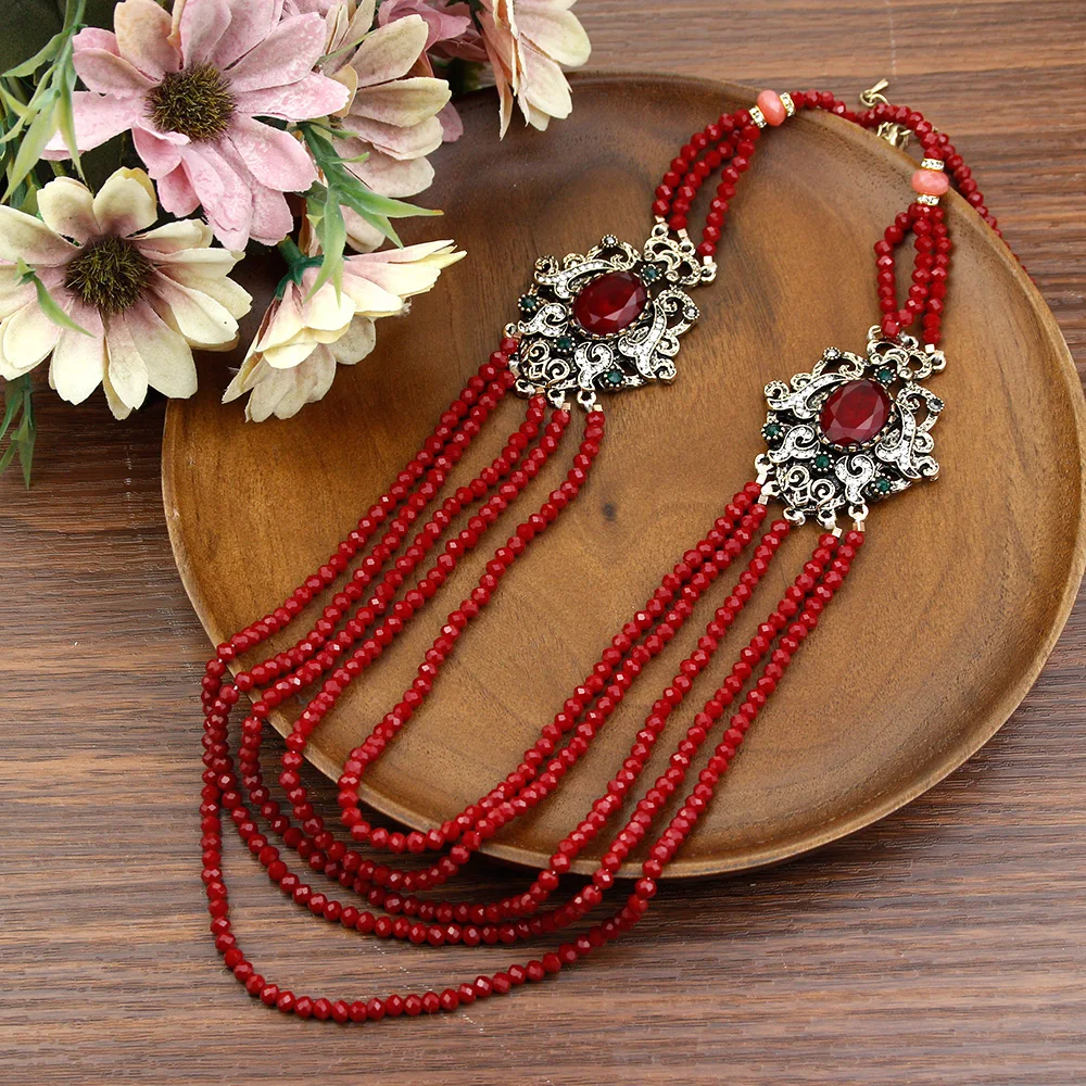 Sunspicems Vintage Algeria Morocco Jewelry Multilayer Chain Beads Necklace For Women Natural Stone Turkish Bride Wedding Bijoux