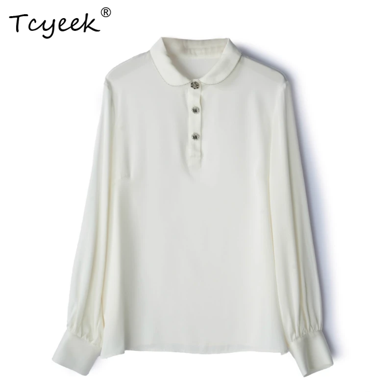 

Tcyeek 93% Mulberry Silk 7% Spandex Spring Summer Lapel Long Sleeved Black and White Women's Shirts Женская Одежда חולצותנשים