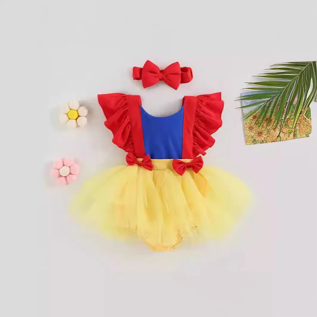 

3-24M Baby Girls Rompers Dress Round Neck Floral Embroidery Mesh Skirt Hem Infant Bodysuits Jumpsuits with Headband