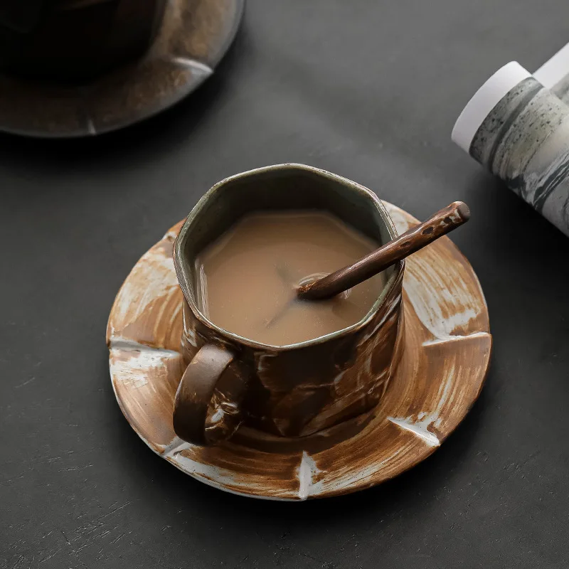 Shadow White Autumn Dream Cup Handmade Vintage Coarse Pottery Breakfast With Saucer Hand Brewed Coffee Cup Set