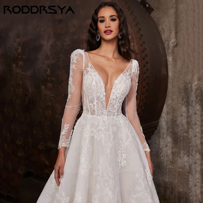 RODDRSYA Elegant A Line Lace Wedding Dresses Long Sleeves Tulle Suknia ślubna Sexy Deep V-Neck Backless Princess Bridal Party