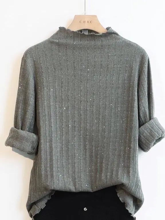 

plus Size Women's Slimming High Ne Base irt Sequin Inner Wear Casual Sle Loose Fit Long Sve Autumn Winter Top