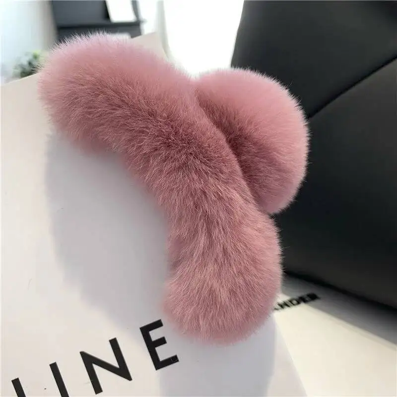 Real Rex Rabbit Fur Hair Claw Pink Large Clips Korean Cute Hairpins Covers Fashion Luxury For Women Girls Plush Clip Womens