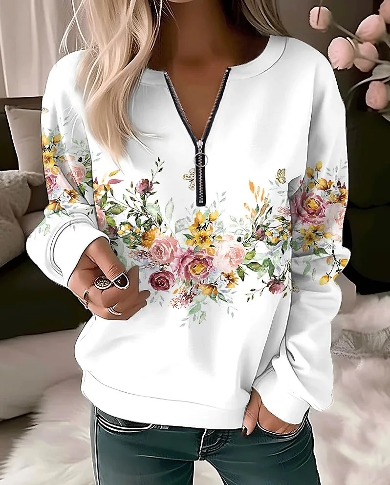 Women\'s Hoodies Women Fashion Floral Hoodies Flower Painting Sweatshirt Zip Up Hoodie Oversized Sudaderas Harajuku Coats Elegant