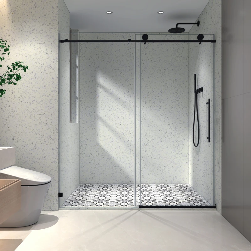

6076 Matte Black frameless one fixed and one shifted Shower Door, 70MM 304 stainless steel large pulleys with adjustable soft