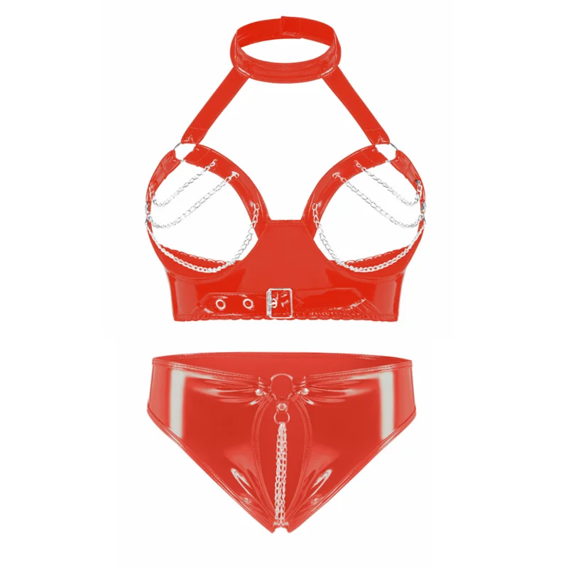 

2Pcs Womens Wet Look Patent Leather with Chain Lingerie Set Sexy Open Cups Shelf Bra Top Open Crotch Briefs Underwear Panties