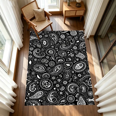 Black White Paisley Ethnic Pattern Carpet Flooring, Vintage Bohemian Non-Slip Floor Rug for Living Room Bedroom Home Decoration