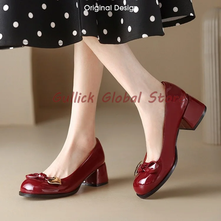 2024 New Arrival Genuine Leather Round Toe Shallow Ankle Buckle Metal Hearted Chunky Heels Pumps Summer Dress Sweet Soft Cosy