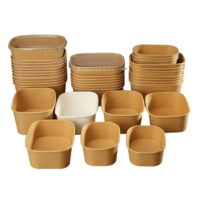 

25PCS 500/650/750/1000ML Kraft Paper Square Bowls with Lids Disposable Lunch Box Food Containers Takeaway For Soup Salad Noodles